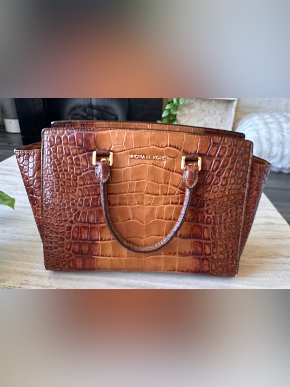 Michael Kors Selma Crocodile-Embossed Leather Medium Satchel - Cognac/Tan